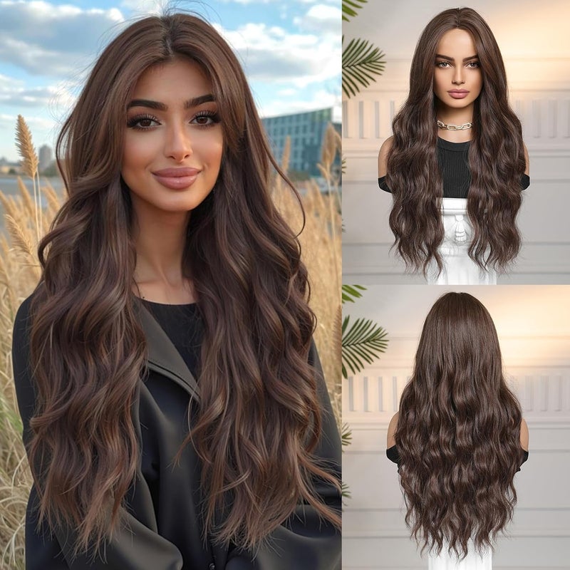 OMELPIS Priority based order prep 7.5 * 9cm Lace Front Bright Brown Long Wavy Wigs for Women Natural Water Wave Middle Part Heat Resistant Synthetic Fiber Wig Curly Hair for Daily Dating Family Gathering Party 71cm Wide use selected material - Image 1
