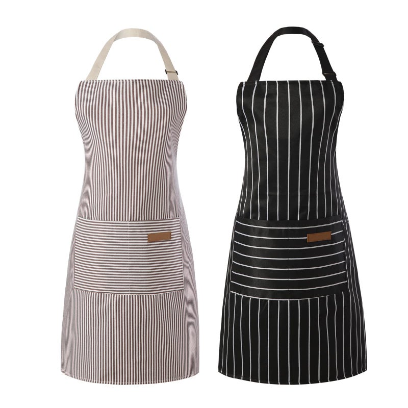 Tosewever 2 Pieces Kitchen Cooking Aprons, Cotton Polyester Blend Adjustable Bib Aprons with 2 Pockets for Women Men Chef Chef (Black/Brown Stripes, 2) - Image 1