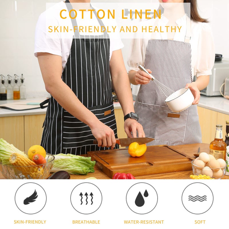 Tosewever 2 Pieces Kitchen Cooking Aprons, Cotton Polyester Blend Adjustable Bib Aprons with 2 Pockets for Women Men Chef Chef (Black/Brown Stripes, 2) - Image 2