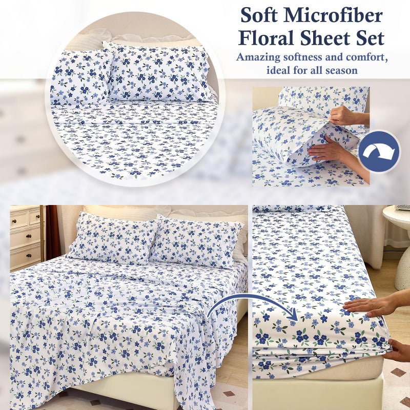 MICORAL صفائح حجم كينج الدقيقة مجموعة الأزرق الأزرق من 4 قطع ملاءات المطبوعة السرير 16 "" ديب جيب فائقة ورقة ناعمة وتبريد OEKO-TEX زهر الأزرق المعتمد - Image 5