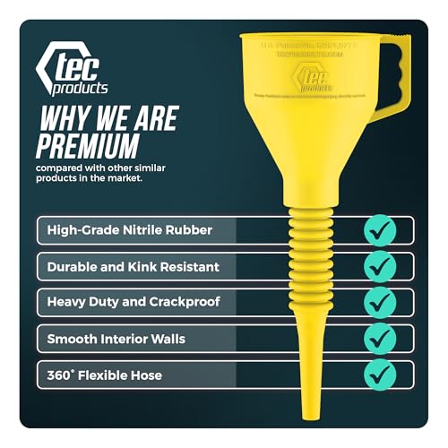 TEC Products FlexAll Long Flexible Funnels - Automotive Oil Funnel with Hose, Durable Nitrile Rubber for Oil Change, Transmission Funnel Fluid, Diesel, Fuel, Gas - Made in USA - Yellow (12 x 4 Inches) - Image 3