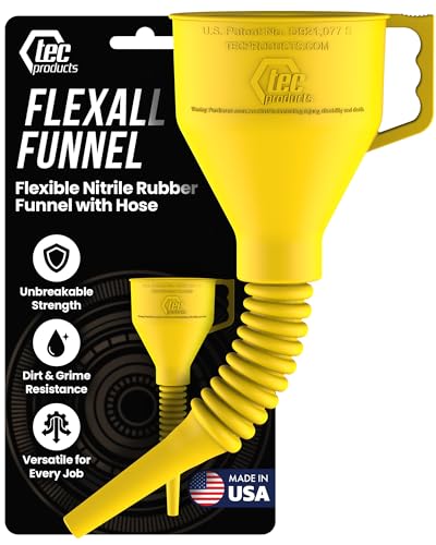 TEC Products FlexAll Long Flexible Funnels - Automotive Oil Funnel with Hose, Durable Nitrile Rubber for Oil Change, Transmission Funnel Fluid, Diesel, Fuel, Gas - Made in USA - Yellow (12 x 4 Inches) - Image 1