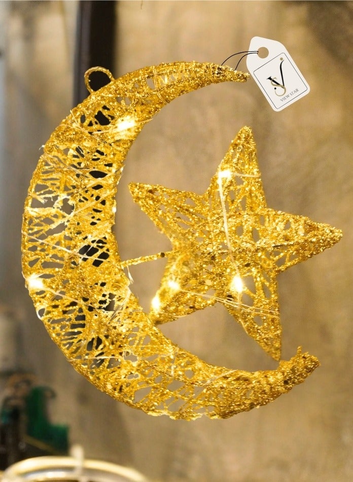 فيوستار زينة معلقة على شكل هلال ونجمة ذهبية لامعة لرمضان/رمضان - مصابيح زينة LED لشهر رمضان، ديكور منزلي للعيد - تصميم أنيق للنجمة والقمر للاحتفالات الاحتفالية - Image 1