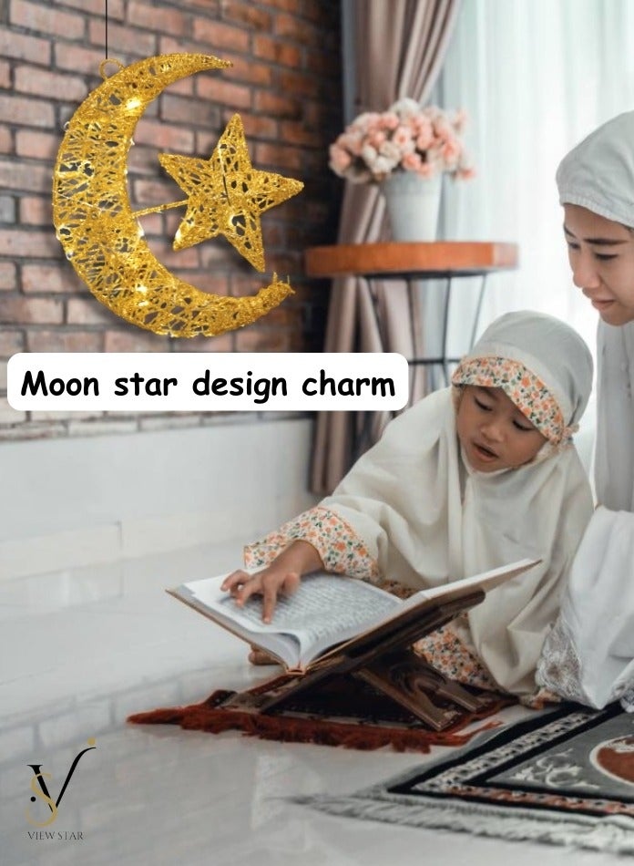 فيوستار زينة معلقة على شكل هلال ونجمة ذهبية لامعة لرمضان/رمضان - مصابيح زينة LED لشهر رمضان، ديكور منزلي للعيد - تصميم أنيق للنجمة والقمر للاحتفالات الاحتفالية - Image 2