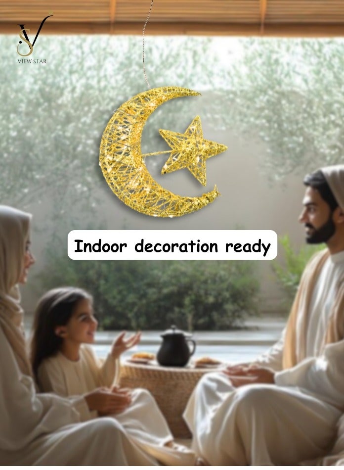فيوستار زينة معلقة على شكل هلال ونجمة ذهبية لامعة لرمضان/رمضان - مصابيح زينة LED لشهر رمضان، ديكور منزلي للعيد - تصميم أنيق للنجمة والقمر للاحتفالات الاحتفالية - Image 4