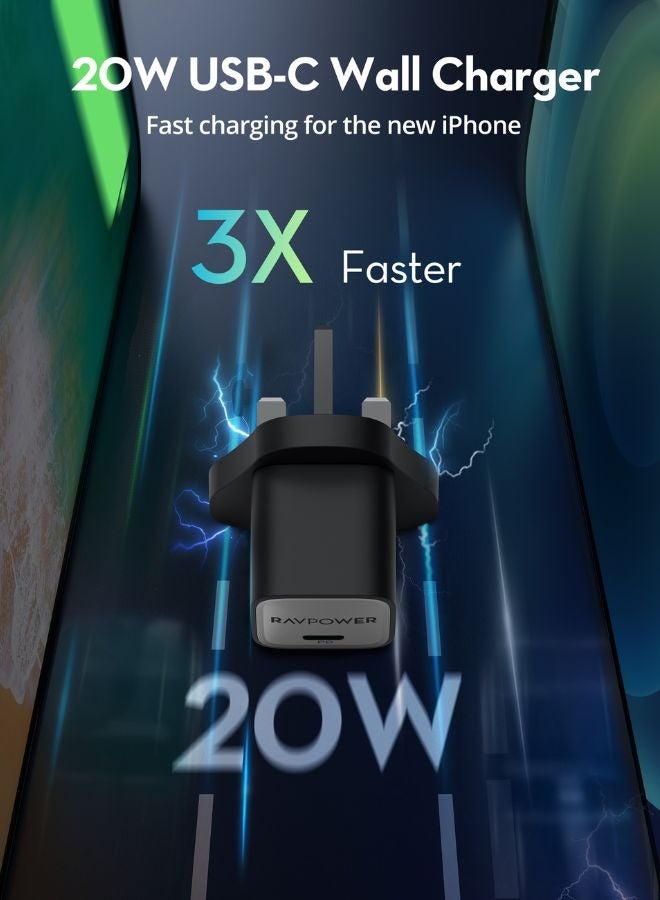 راف باور شاحن حائط USB-C بتقنية GaN بقوة 20 واط، شاحن حائط سريع لجهاز iPhone و iPad Pro و AirPods و Samsung والمزيد - Image 2