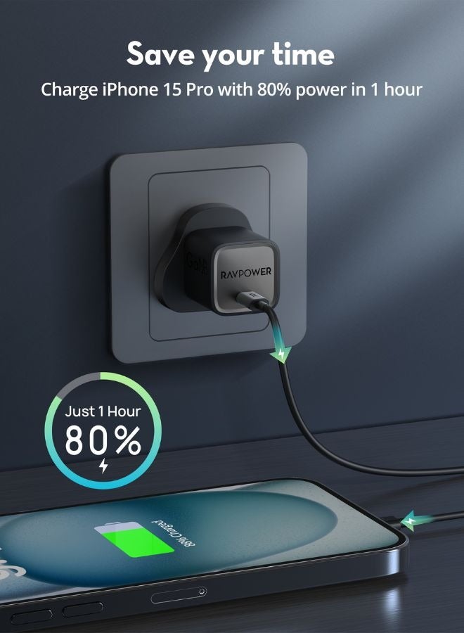 راف باور شاحن حائط USB-C بتقنية GaN بقوة 20 واط، شاحن حائط سريع لجهاز iPhone و iPad Pro و AirPods و Samsung والمزيد - Image 4