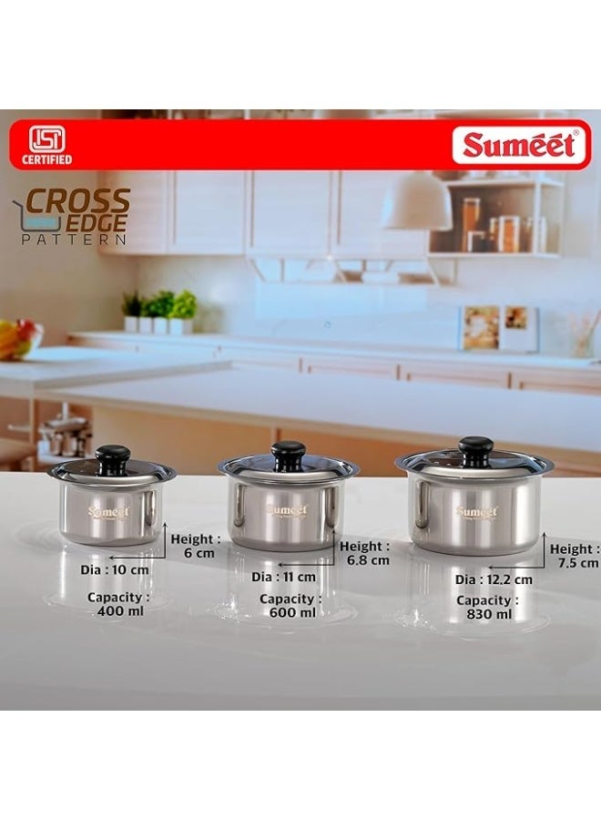 Sumeet ISI Certified HeavyPly Stainless Steel patila Set, 3 pcs with lids – 400 ml, 600 ml, 830 ml, Induction & Gas Compatible, Durable bhagona/tope cookware for Everyday Cooking - Image 2