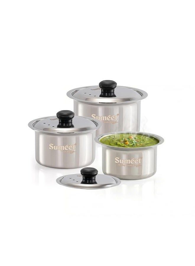 Sumeet ISI Certified HeavyPly Stainless Steel patila Set, 3 pcs with lids – 400 ml, 600 ml, 830 ml, Induction & Gas Compatible, Durable bhagona/tope cookware for Everyday Cooking - Image 1