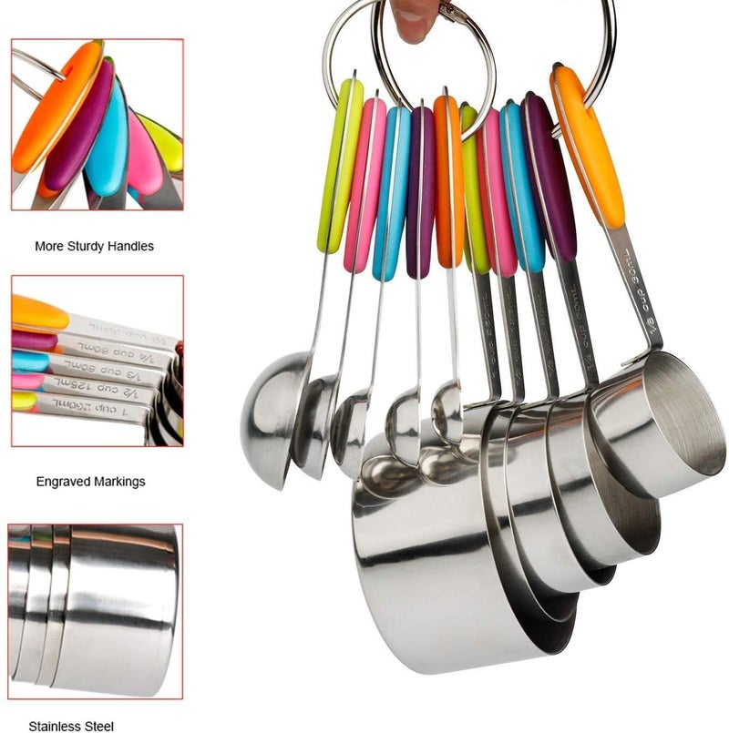 THW® Stainless Steel Measuring Cups and Spoons Set with Colored Silicone Handle - 10 Piece Set - Image 3