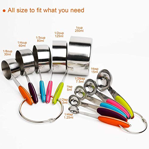 THW® Stainless Steel Measuring Cups and Spoons Set with Colored Silicone Handle - 10 Piece Set - Image 2