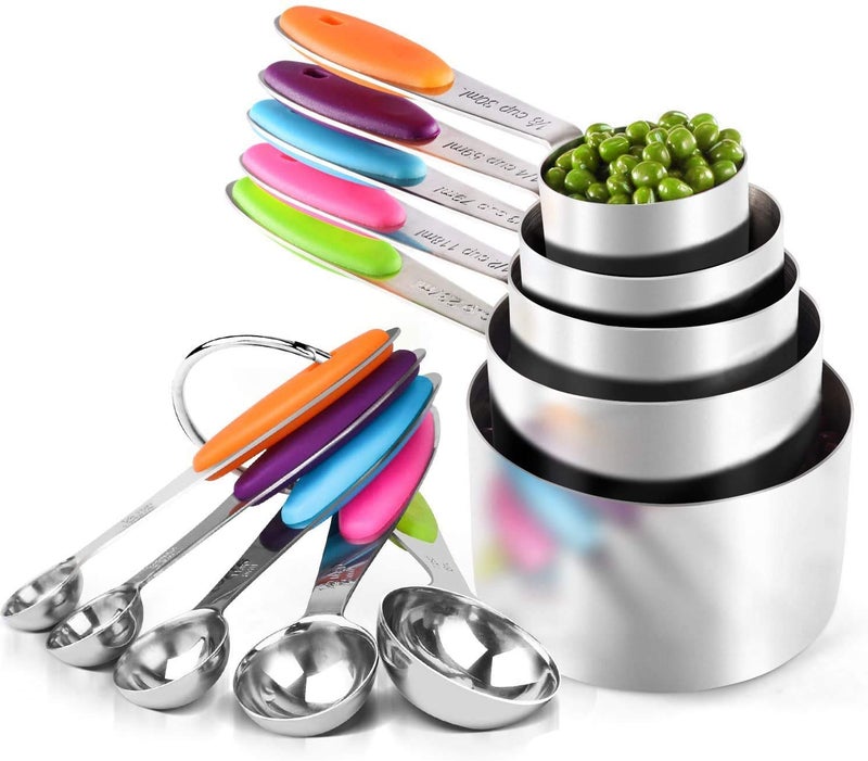 THW® Stainless Steel Measuring Cups and Spoons Set with Colored Silicone Handle - 10 Piece Set - Image 1