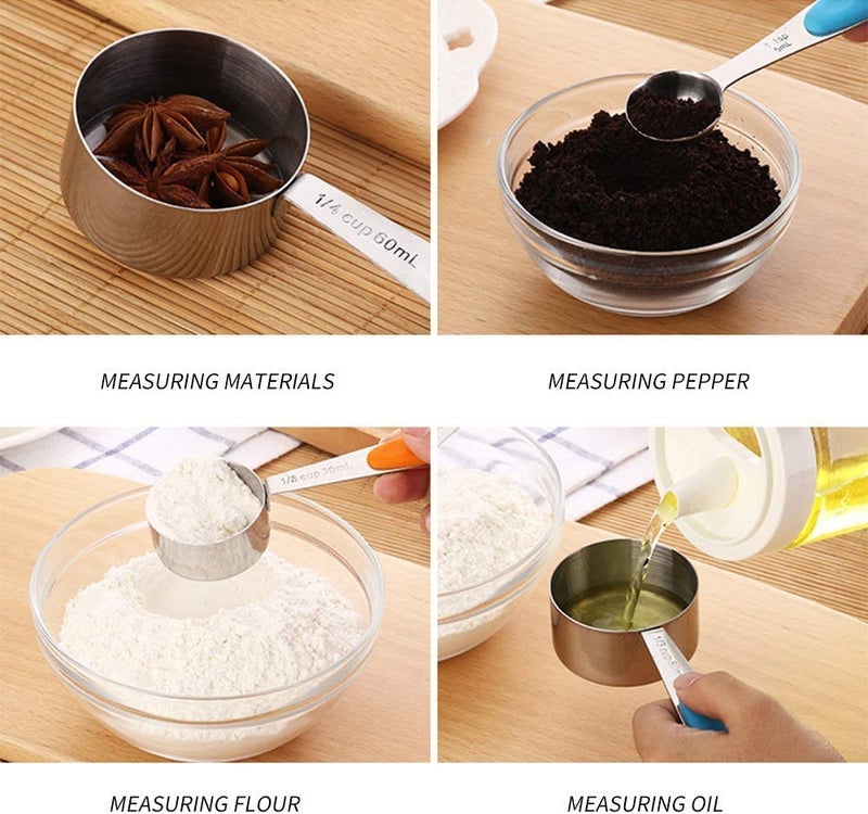 THW® Stainless Steel Measuring Cups and Spoons Set with Colored Silicone Handle - 10 Piece Set - Image 5