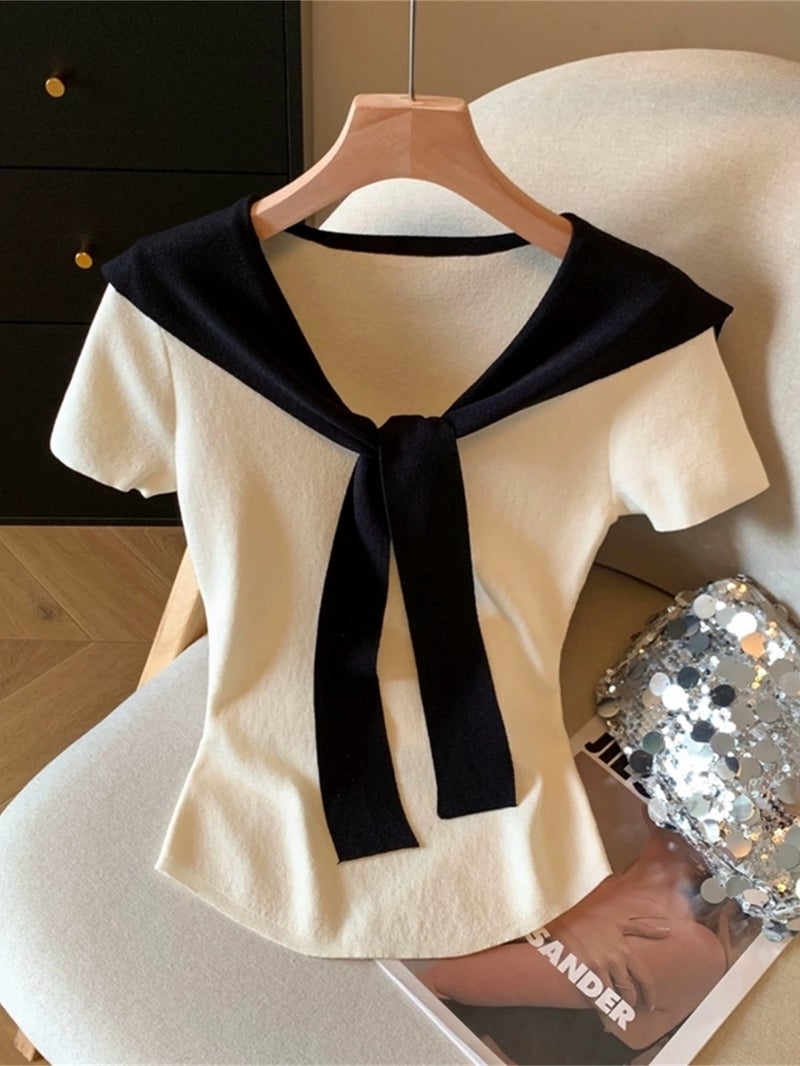 European and American Spring\u002FSummer Women's Fashion Color - Block 2 - in - 1 Look V - Neck Slim - Fit Crop Top with Tie - White / S - Image 2