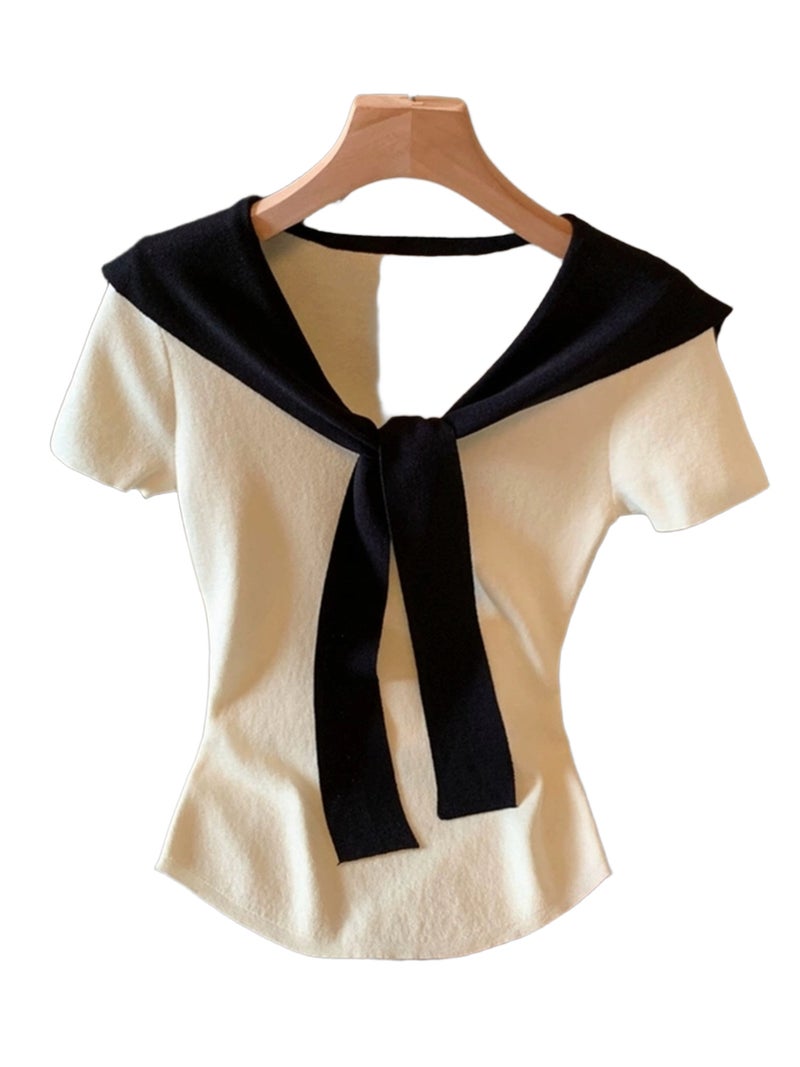European and American Spring\u002FSummer Women's Fashion Color - Block 2 - in - 1 Look V - Neck Slim - Fit Crop Top with Tie - White / S - Image 1