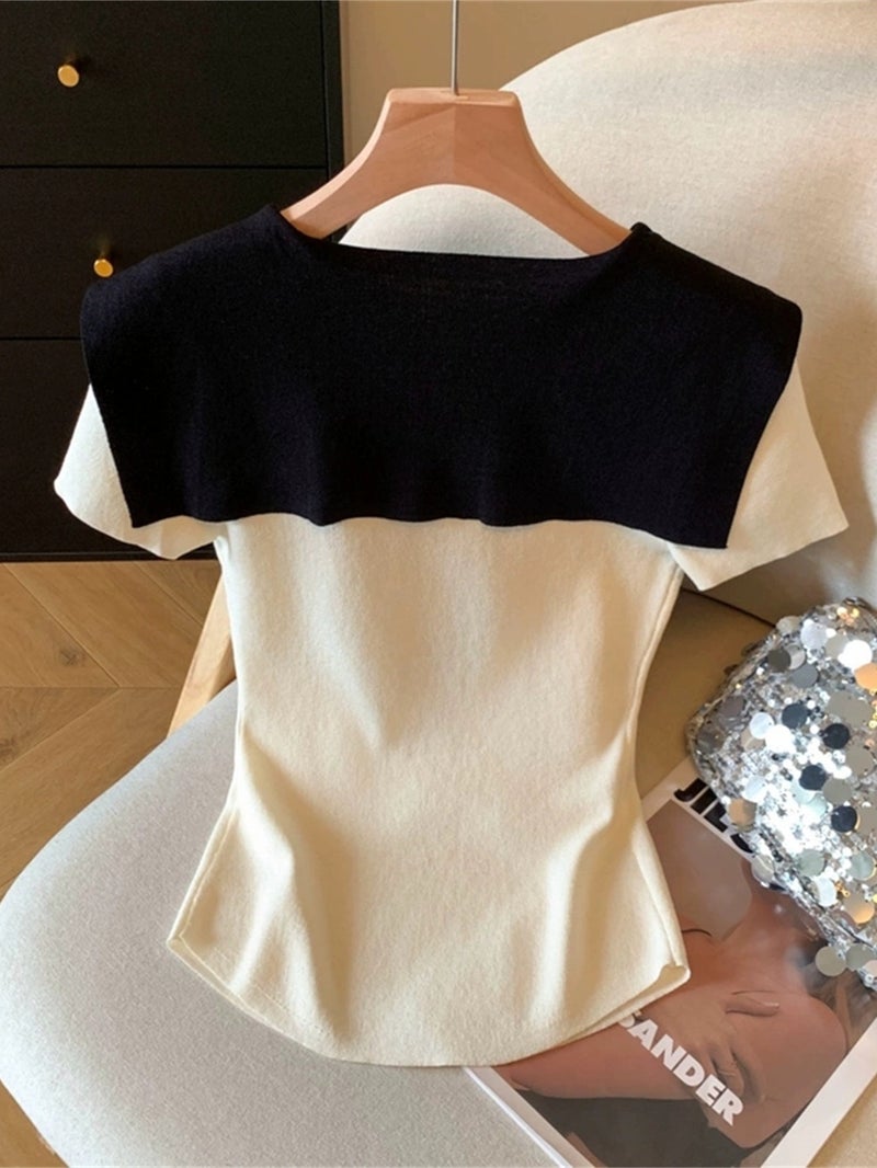 European and American Spring\u002FSummer Women's Fashion Color - Block 2 - in - 1 Look V - Neck Slim - Fit Crop Top with Tie - White / S - Image 3