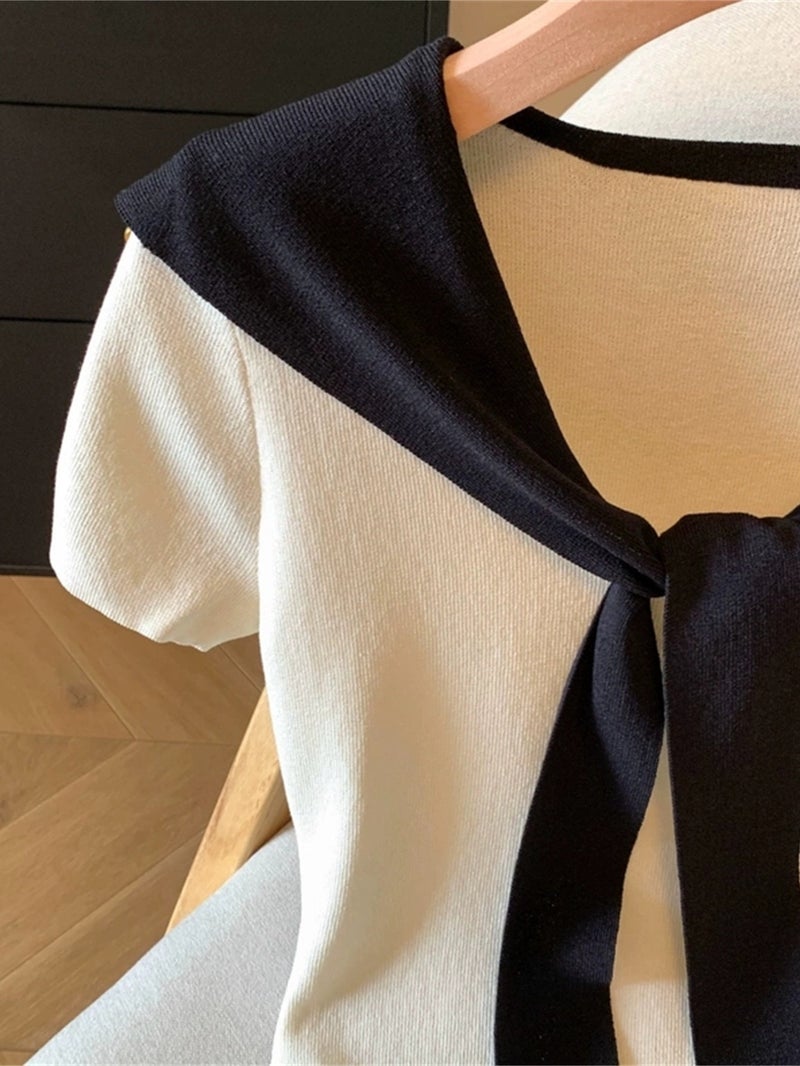 European and American Spring\u002FSummer Women's Fashion Color - Block 2 - in - 1 Look V - Neck Slim - Fit Crop Top with Tie - White / S - Image 4