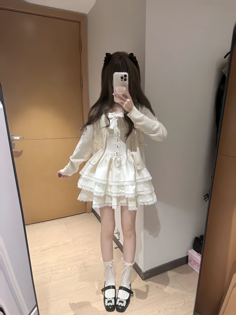 Korean-style super good-looking gentle style pure and sweet long-sleeved cardigan jacket bow puffy cake dress set - Image 3