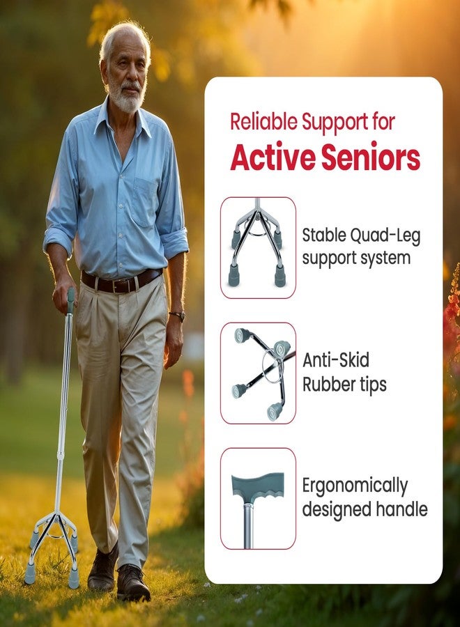 AGEasy (Max Group) Four Leg Walking Stick | Lightweight Walking Support with Adjustable Height & Anti-Slip Handle | Quadbase Walking Cane for Men/Women, Patients, Elderly - Image 3