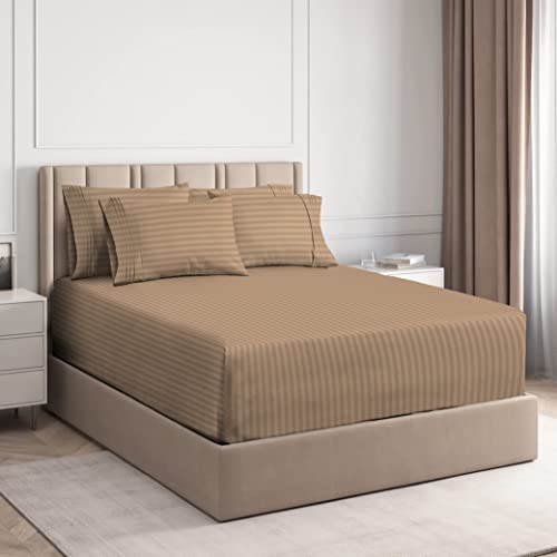 BSB Home Premium Cotton Elastic Fitted Embossed Linen Bedsheets with 2 King Size Pillow Covers|Double Bed with All Around Elastic 210 Tc Supersoft|Size - King Size 72 X 78+10Inches|Beige or Cream - Image 1