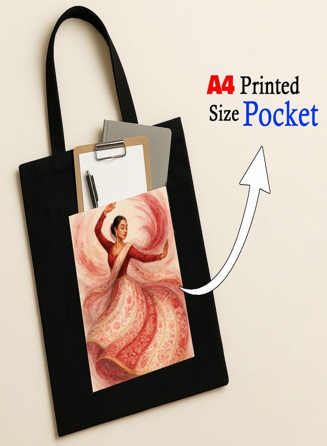 Megrok Kathak Dance Art Tote Bag for Women | Front A4 Size Printed Pocket | 16x14 Inch Traditional Cotton Bag | Cultural Gift for Dance Lovers - Image 3