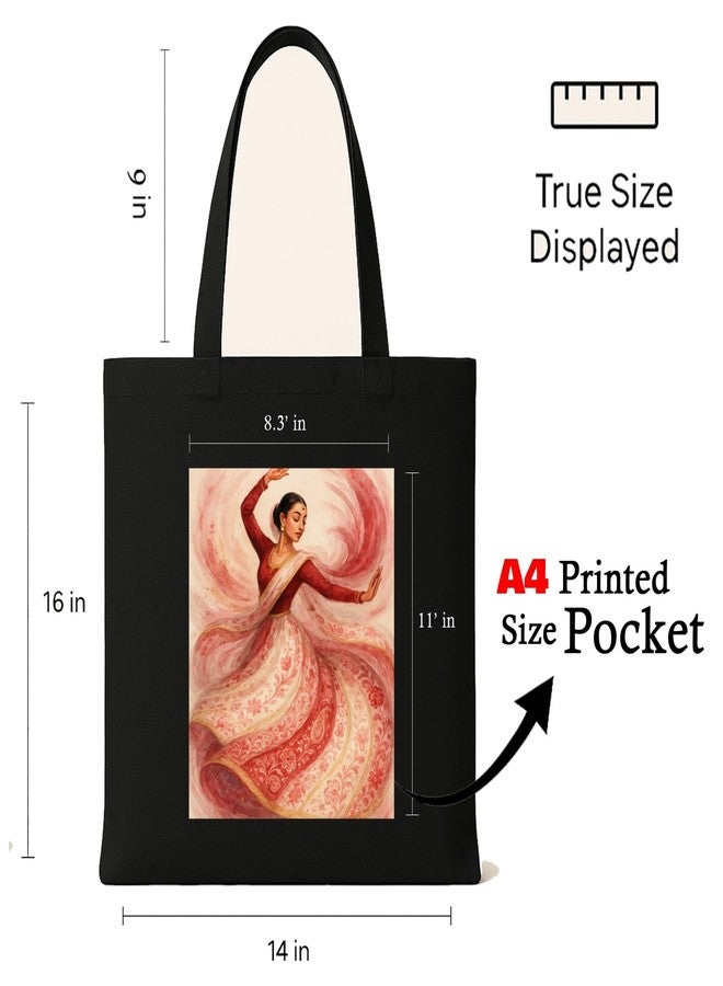 Megrok Kathak Dance Art Tote Bag for Women | Front A4 Size Printed Pocket | 16x14 Inch Traditional Cotton Bag | Cultural Gift for Dance Lovers - Image 2