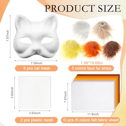 Seenelling 19 Pcs DIY Therian Mask Kit Blank Cat Mask with Felt Fabric Sheet Plush Faux Fur Eye Mesh for Therian Gear Stuff (Colorful) - Image 2