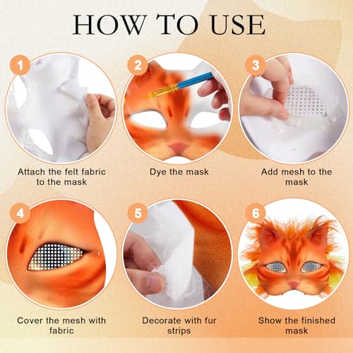 Seenelling 19 Pcs DIY Therian Mask Kit Blank Cat Mask with Felt Fabric Sheet Plush Faux Fur Eye Mesh for Therian Gear Stuff (Colorful) - Image 3