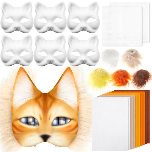 Seenelling 19 Pcs DIY Therian Mask Kit Blank Cat Mask with Felt Fabric Sheet Plush Faux Fur Eye Mesh for Therian Gear Stuff (Colorful) - Image 1