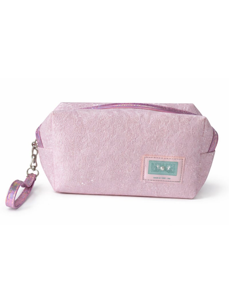 شنطة ميك اب وردي لامعة بسوستة وسوار يد – سعة كبيرة لتنظيم مستحضرات التجميل - Image 1