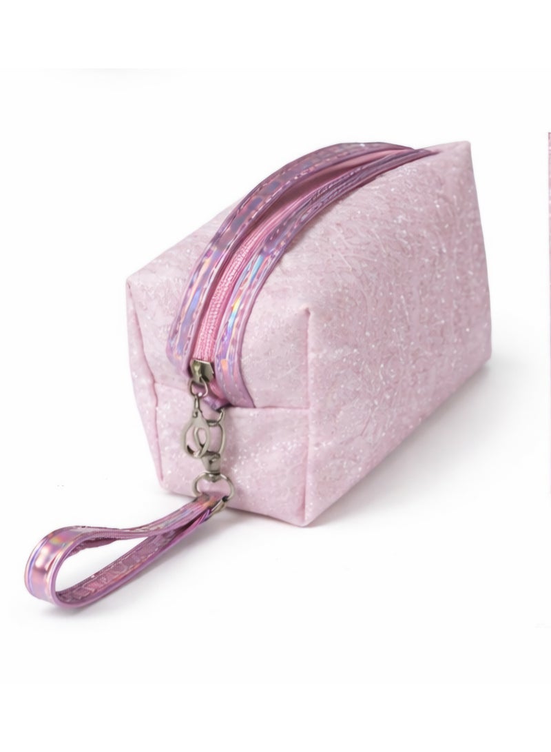 شنطة ميك اب وردي لامعة بسوستة وسوار يد – سعة كبيرة لتنظيم مستحضرات التجميل - Image 2