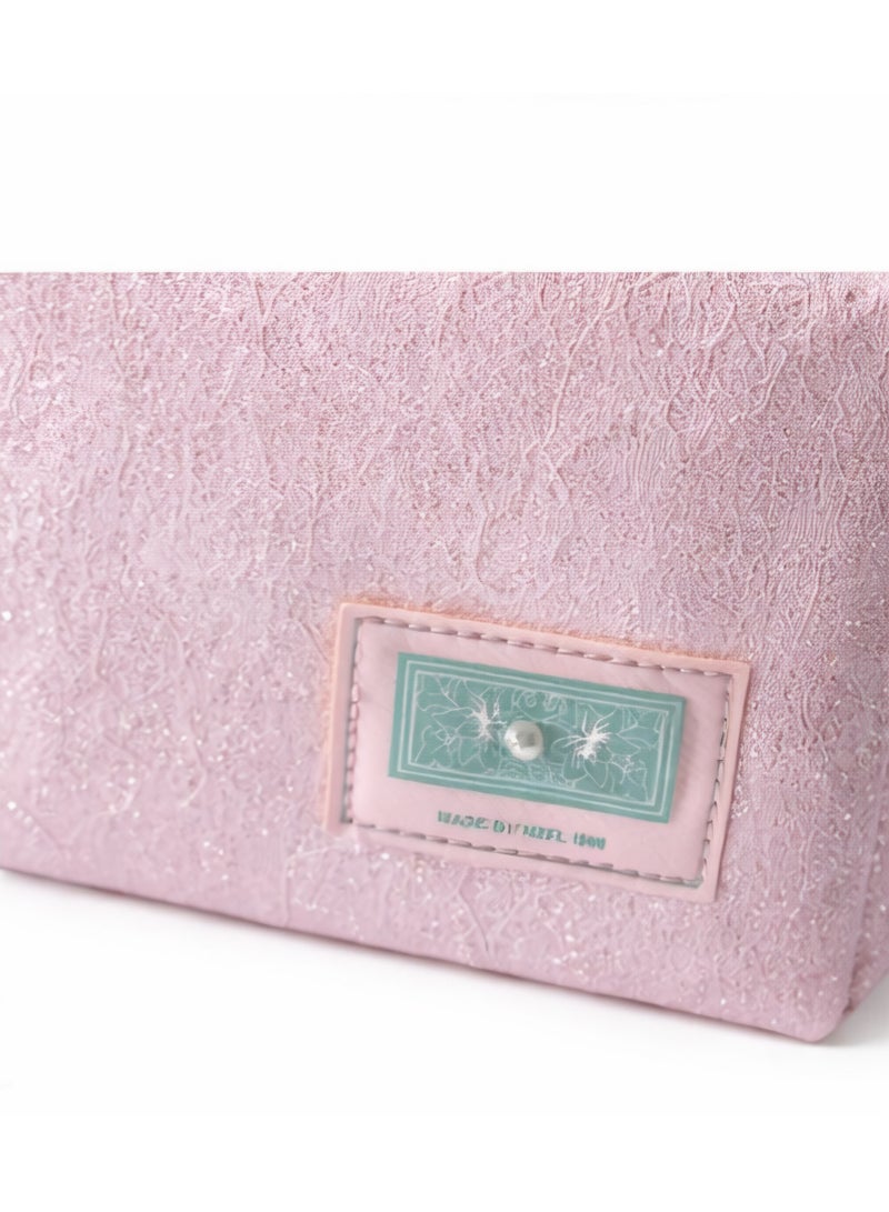 شنطة ميك اب وردي لامعة بسوستة وسوار يد – سعة كبيرة لتنظيم مستحضرات التجميل - Image 4