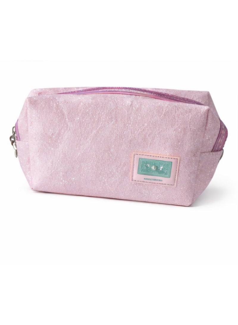 شنطة ميك اب وردي لامعة بسوستة وسوار يد – سعة كبيرة لتنظيم مستحضرات التجميل - Image 5