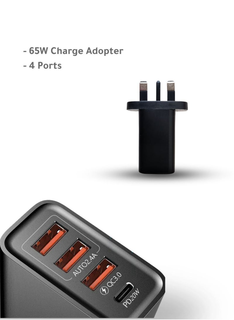 Powermax 65W, 4 Port Wall Charger Adapter - Features GAN Power, USB-C/A Ports(3 USB + PD), and Fast, Safe Charging with Integrated Protection Against Overheating and Overvoltage. Compatible with Apple and Android Devices
