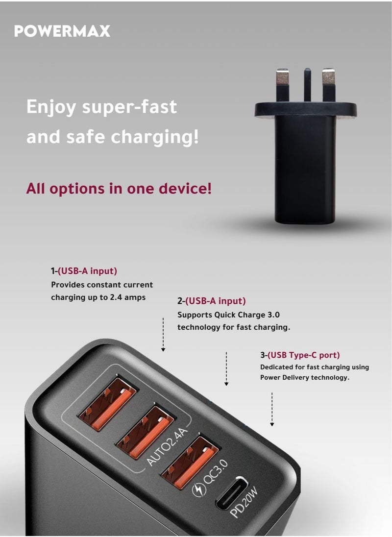 Powermax 65W, 4 Port Wall Charger Adapter - Features GAN Power, USB-C/A Ports(3 USB + PD), and Fast, Safe Charging with Integrated Protection Against Overheating and Overvoltage. Compatible with Apple and Android Devices