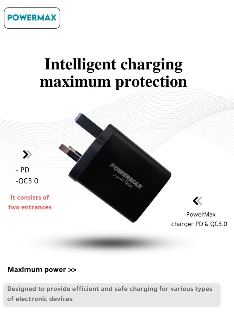 Powermax 65W, 4 Port Wall Charger Adapter - Features GAN Power, USB-C/A Ports(3 USB + PD), and Fast, Safe Charging with Integrated Protection Against Overheating and Overvoltage. Compatible with Apple and Android Devices