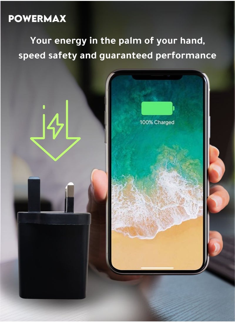 Powermax 65W, 4 Port Wall Charger Adapter - Features GAN Power, USB-C/A Ports(3 USB + PD), and Fast, Safe Charging with Integrated Protection Against Overheating and Overvoltage. Compatible with Apple and Android Devices