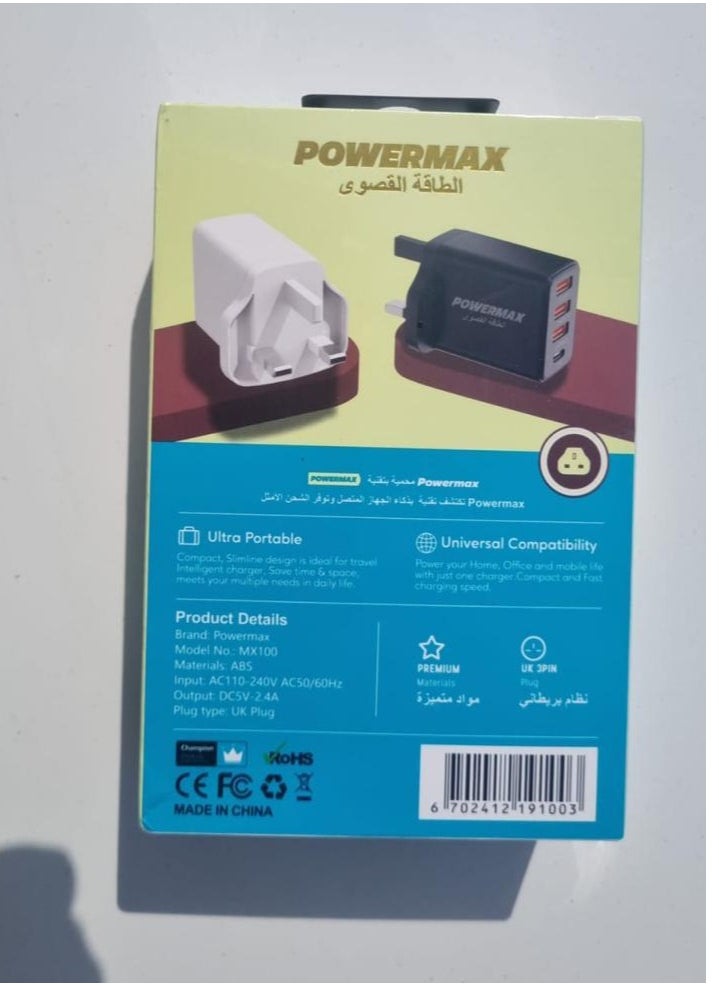 Powermax 65W, 4 Port Wall Charger Adapter - Features GAN Power, USB-C/A Ports(3 USB + PD), and Fast, Safe Charging with Integrated Protection Against Overheating and Overvoltage. Compatible with Apple and Android Devices