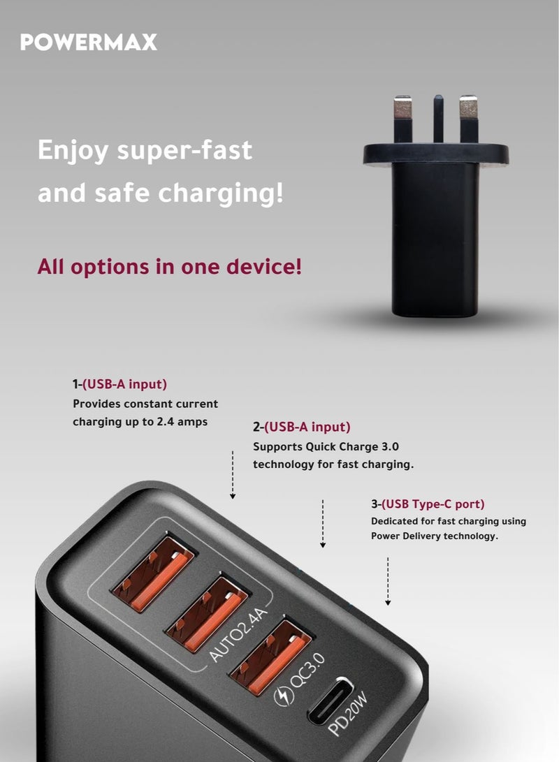 PowerMax Powermax 65W, 4 Port Wall Charger Adapter - Features GAN Power, USB-C/A Ports(3 USB + PD), and Fast, Safe Charging with Integrated Protection Against Overheating and Overvoltage. Compatible with Apple and Android Devices - Image 3