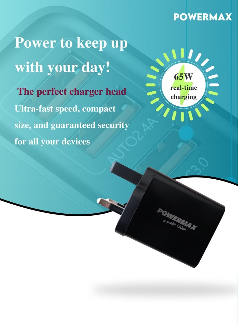 PowerMax Powermax 65W, 4 Port Wall Charger Adapter - Features GAN Power, USB-C/A Ports(3 USB + PD), and Fast, Safe Charging with Integrated Protection Against Overheating and Overvoltage. Compatible with Apple and Android Devices - Image 4