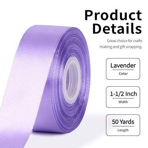 Mauproy 1-1/2 Inch Wide Lavender Purple Satin Ribbon, 50 Yards Solid Polyester Fabric Ribbon for Roses Making, Gift Wrapping, Valentine's Day, Wedding Decorations, Crafts, Bows - Image 2
