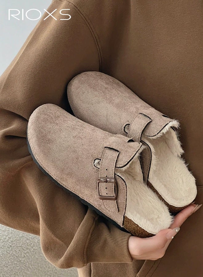 RIOXS Women's Fur Lined Suede Clogs, Slip On Lightweight Fuzzy Cork Footbed Mules for Ladies, Winter Warm Mules with Adjustable Buckle, Suitable for Dardening, Walking the Dog, Running Errands, or Relaxing at Home, Cream Camel - Image 2