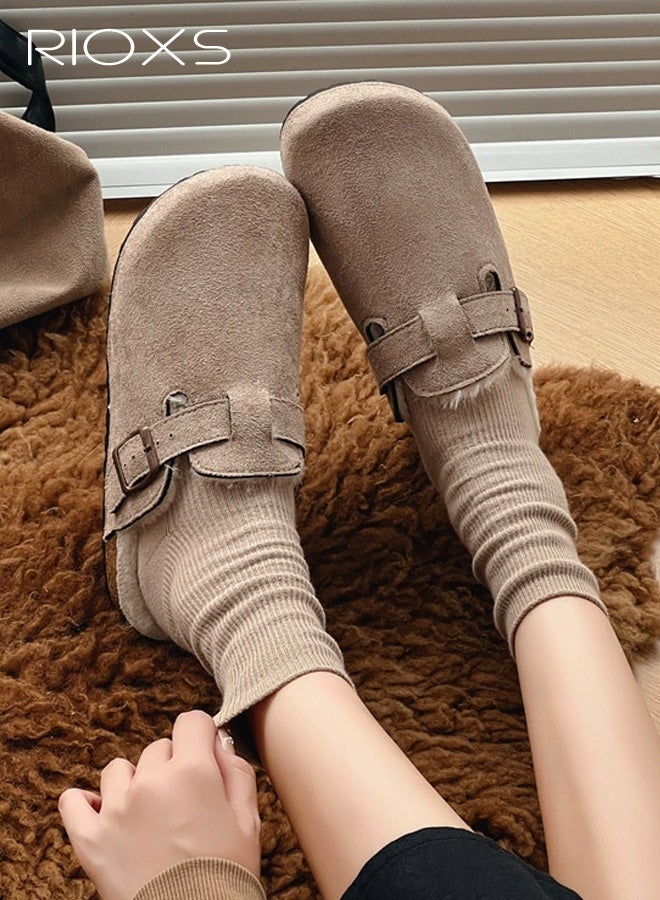 RIOXS Women's Fur Lined Suede Clogs, Slip On Lightweight Fuzzy Cork Footbed Mules for Ladies, Winter Warm Mules with Adjustable Buckle, Suitable for Dardening, Walking the Dog, Running Errands, or Relaxing at Home, Cream Camel - Image 1
