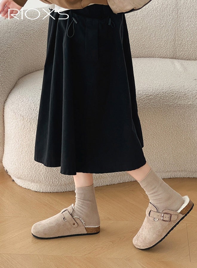 RIOXS Women's Fur Lined Suede Clogs, Slip On Lightweight Fuzzy Cork Footbed Mules for Ladies, Winter Warm Mules with Adjustable Buckle, Suitable for Dardening, Walking the Dog, Running Errands, or Relaxing at Home, Cream Camel - Image 4