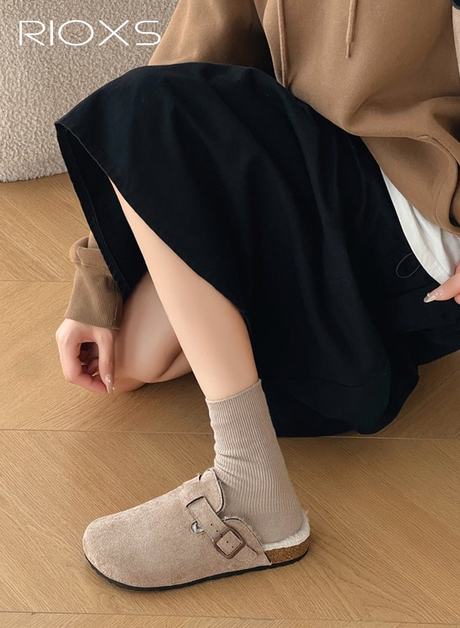 RIOXS Women's Fur Lined Suede Clogs, Slip On Lightweight Fuzzy Cork Footbed Mules for Ladies, Winter Warm Mules with Adjustable Buckle, Suitable for Dardening, Walking the Dog, Running Errands, or Relaxing at Home, Cream Camel - Image 3