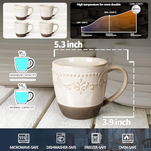 Artena Ceramic Coffee Mugs Set of 4, 16oz Embossed Large Latte Mugs Coffee Cups with Handle for Tea, Latte, Cappuccino & Cocoa, Milk Dishwasher & Microwave Safe, White (Multiple Patterns) - Image 2