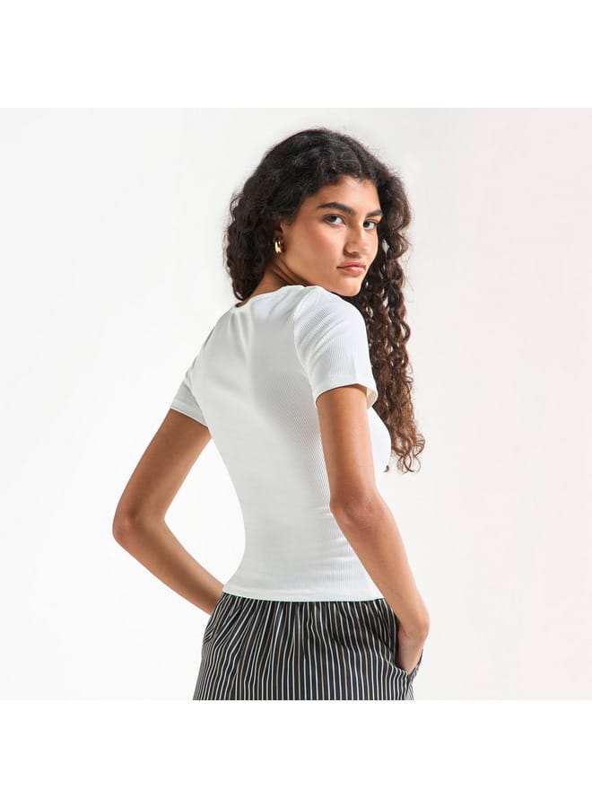 Splash FAV Ribbed Crew Neck Top with Cutout Detail and Short Sleeves  - Image 3