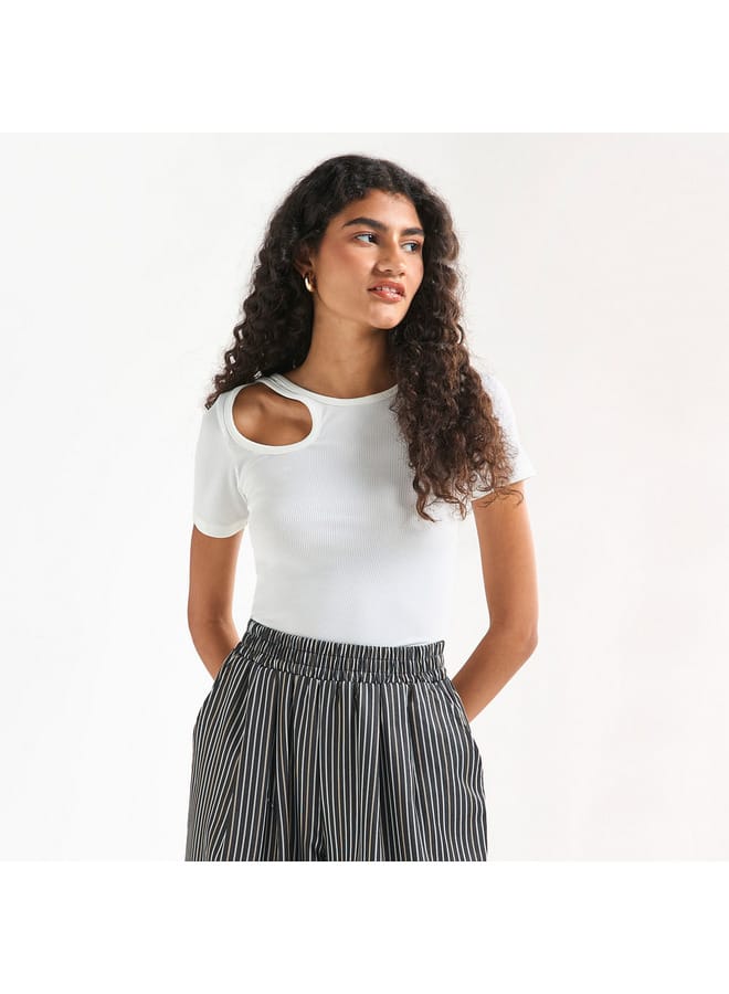 Splash FAV Ribbed Crew Neck Top with Cutout Detail and Short Sleeves  - Image 1