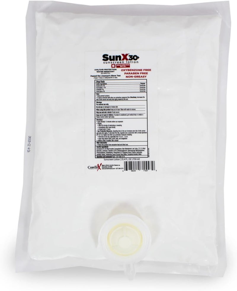 coretex CoreTex Sun X 30+ SPF Broad Spectrum Sunscreen Lotion (Refill Bag ONLY) - 25.4oz of Paraben, Oxybenzone, Octinoxate, & Oil Free Sunscreen - No White Cast and Water & Sweat Resistant Up to 80 Minutes 