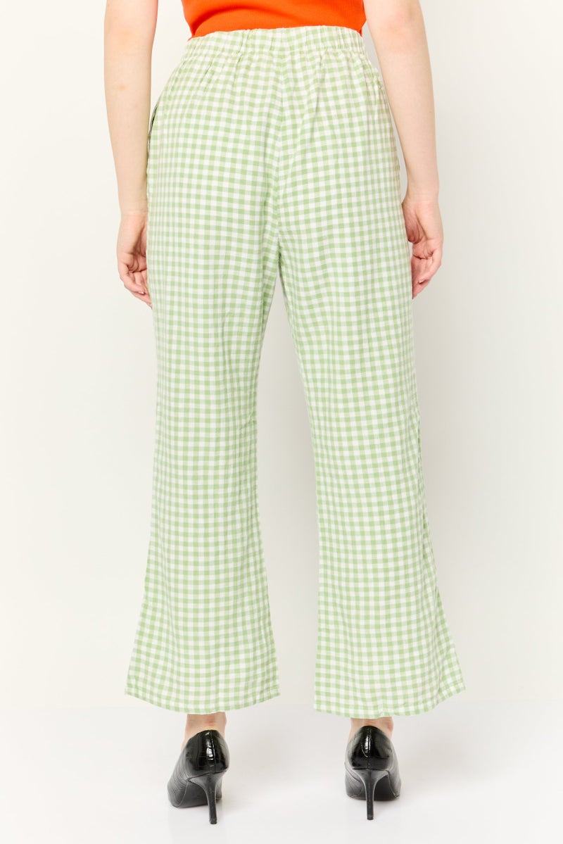 Women Regular Fit Gingham Pattern Wide Leg Pants, Green